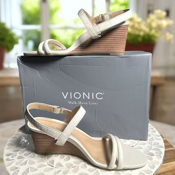 Vionic Emmy Supportive Wedge Sandals Leather Strappy Slingback Comfort Podiatris - Picture 10 of 16